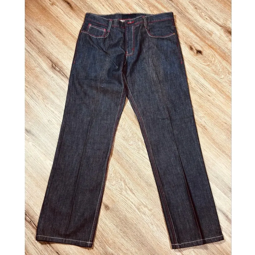 Q by Qruel Y2K Dark Wash Designer Jeans Red White Contrast Stitch  36x33
